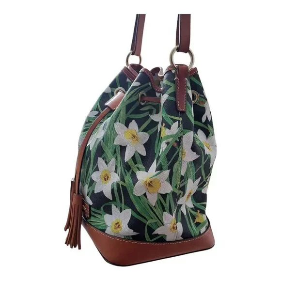 Dooney & Bourke Daffodil Tassel Drawstring Bucket Bag Purse Floral Leather Trim - Picture 6 of 13